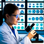 A professional female scientist, fully clothed in a modest lab coat and safety glasses, meticulously examines a mollusk specimen under an advanced microscope in a brightly lit, sterile genomics laboratory. Large, futuristic screens in the background display complex DNA sequences and genetic mapping data, with a subtle glow. Various mollusk samples, such as a delicate abalone shell and a petri dish containing a small, iridescent sea snail, are neatly arranged on the lab bench. The image conveys a sense of scientific discovery and precision.